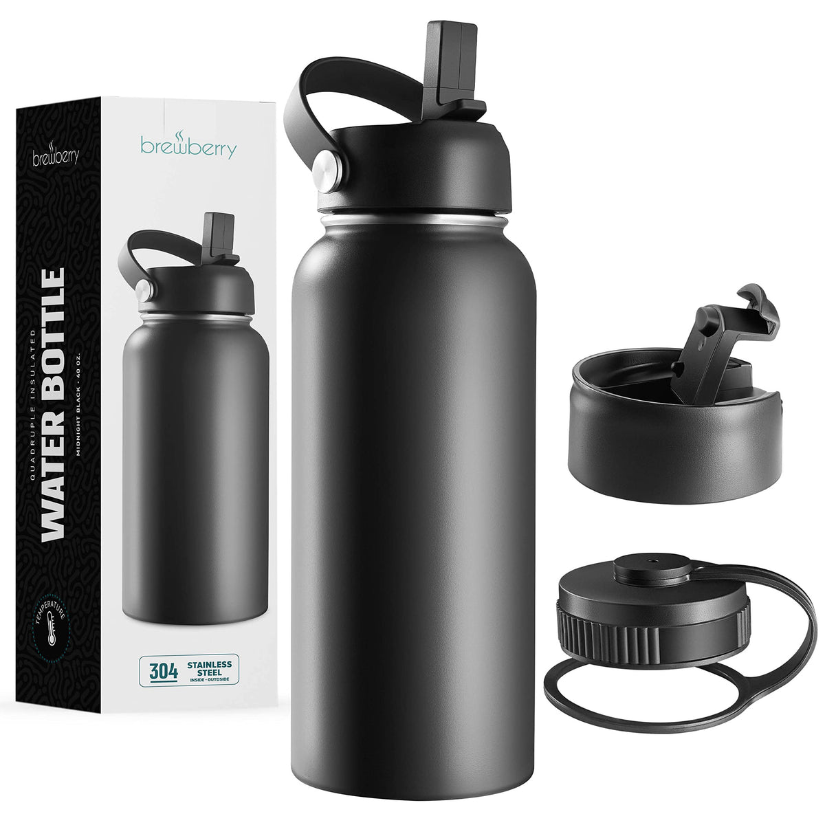 Brewberry front view showing 40 oz bottle and label, durable travel hydration