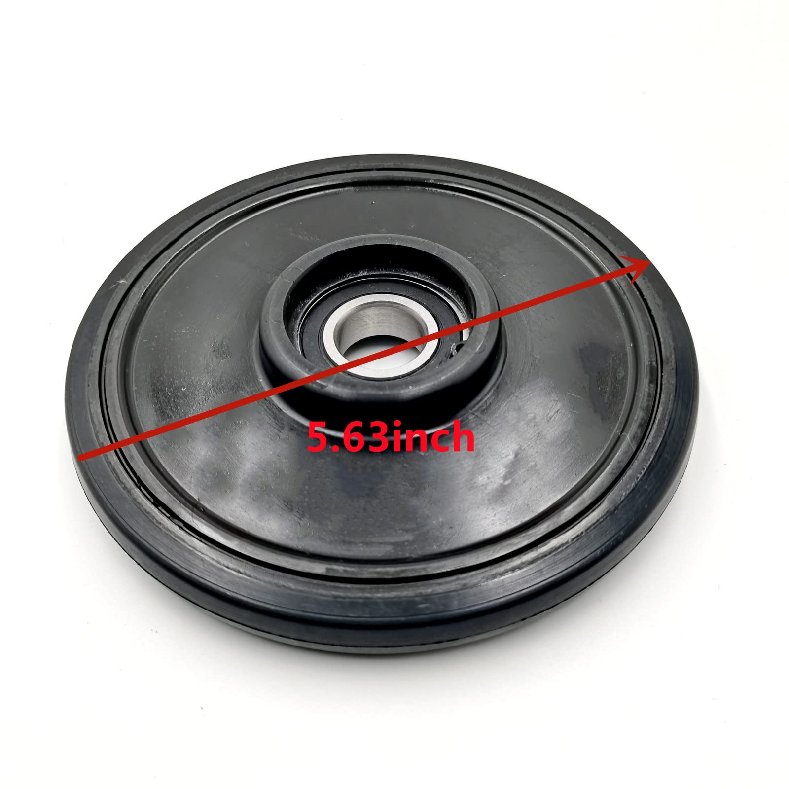 BRGMAX idler wheel next to ruler showing 5.63-inch diameter for accurate sizing