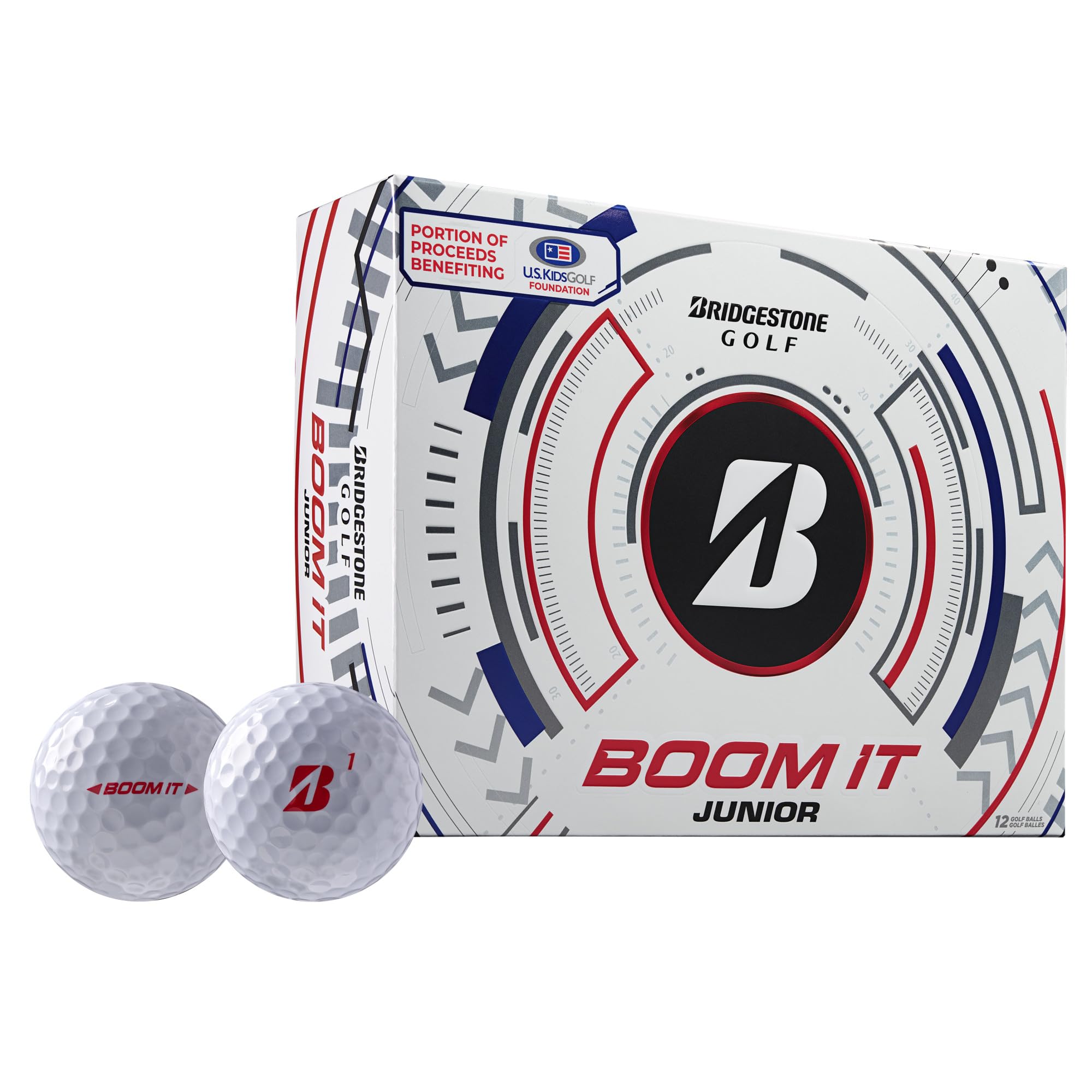 Bridgestone Boom It Jr ball struck from tee illustrating longer carry and flight