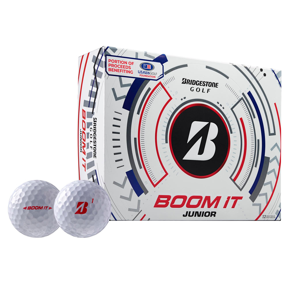 Bridgestone Boom It Jr ball struck from tee illustrating longer carry and flight