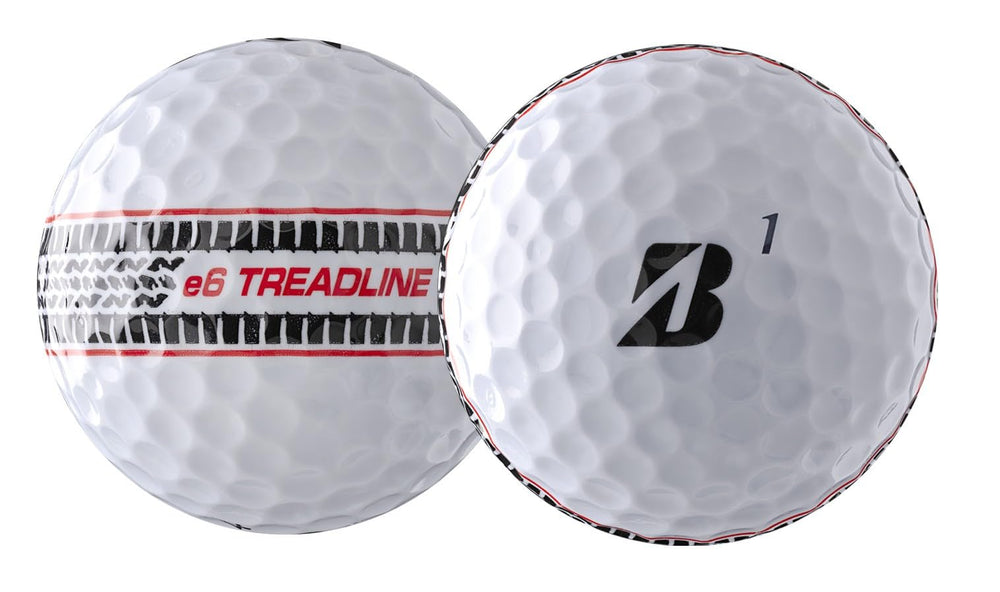 Bridgestone e6 Soft Treadline treadline close-up highlighting alignment aid and improved aiming