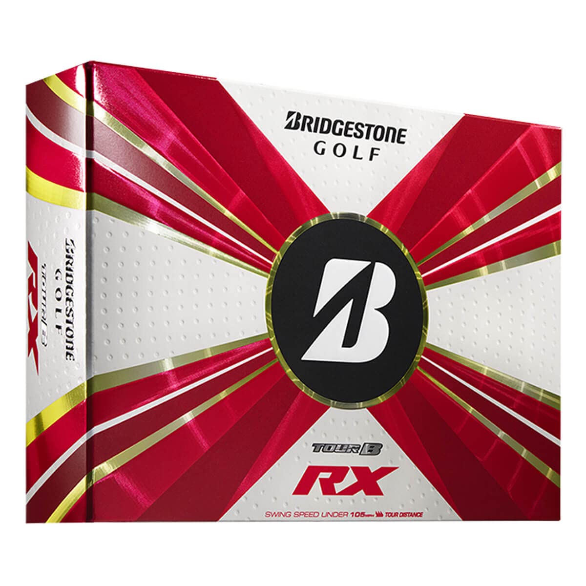 Bridgestone Golf Tour B RX front packaging showing white ball and logo, highlights performance