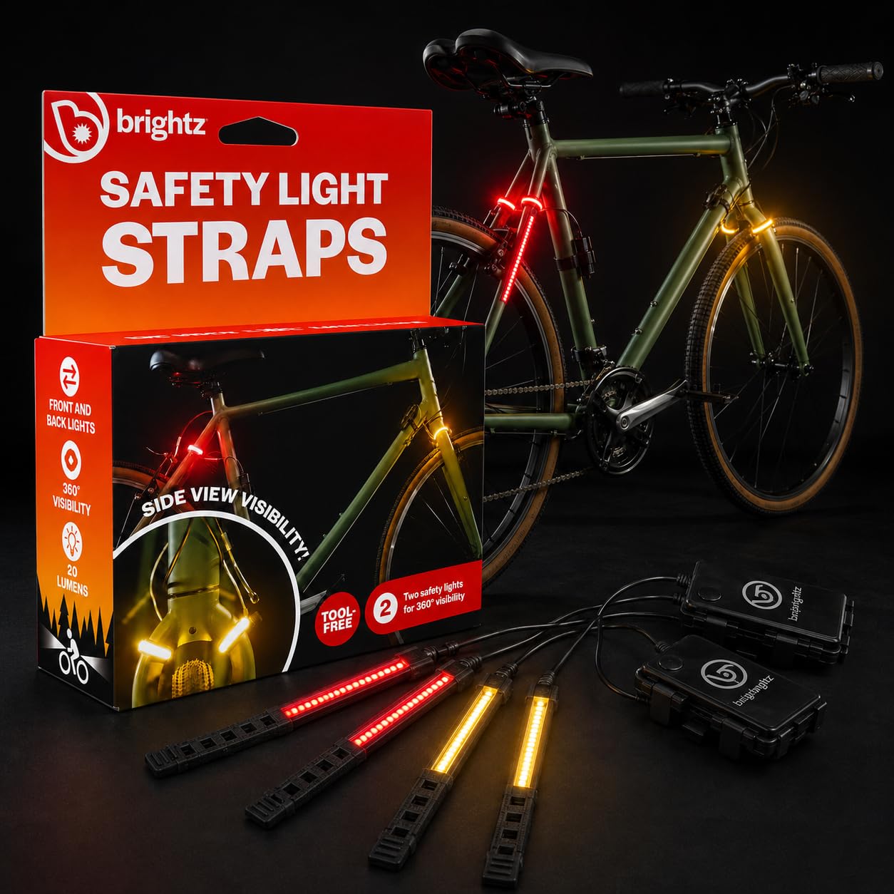 Brightz front and rear straps mounted on bike showing 360° visibility benefits