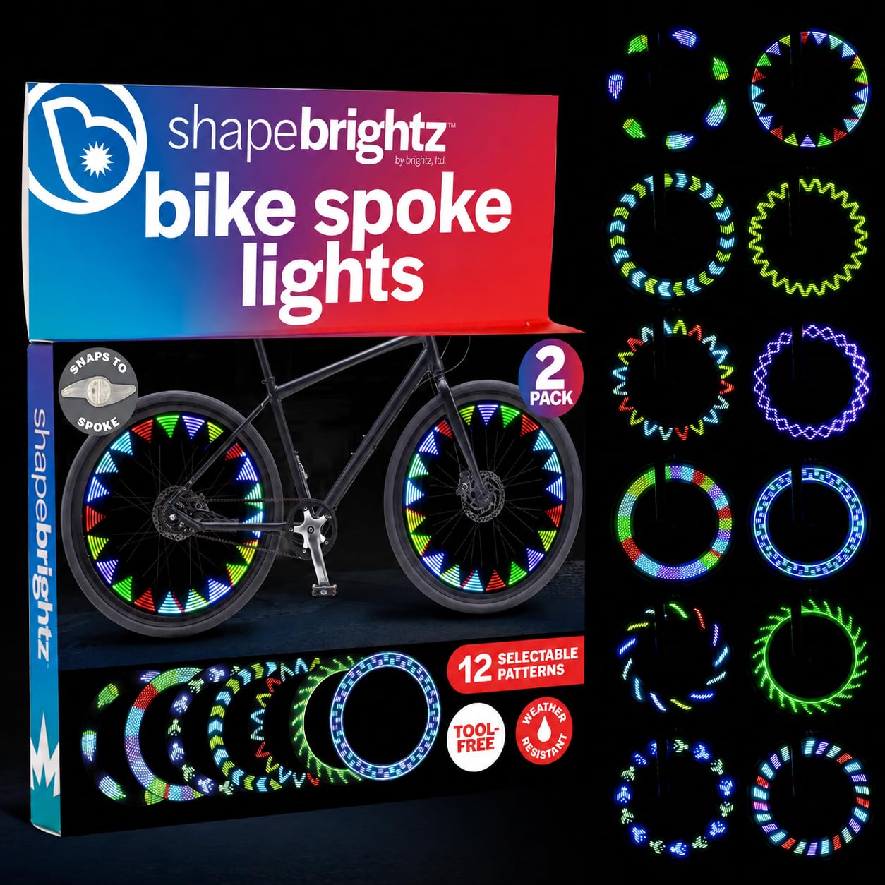 Brightz front packaging showing included spoke lights and accessories for easy setup