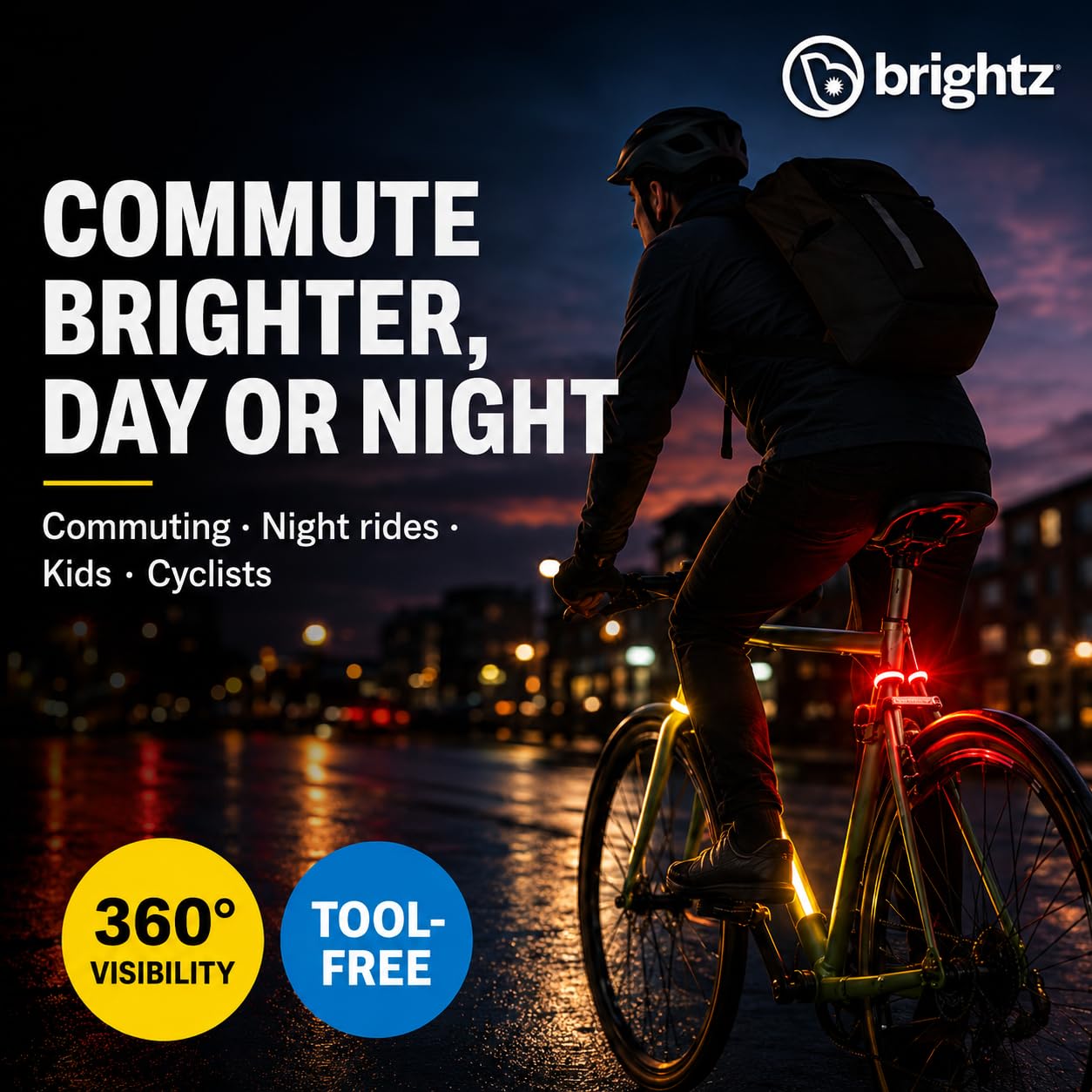 Brightz straps illuminated on a night ride showing improved cyclist visibility