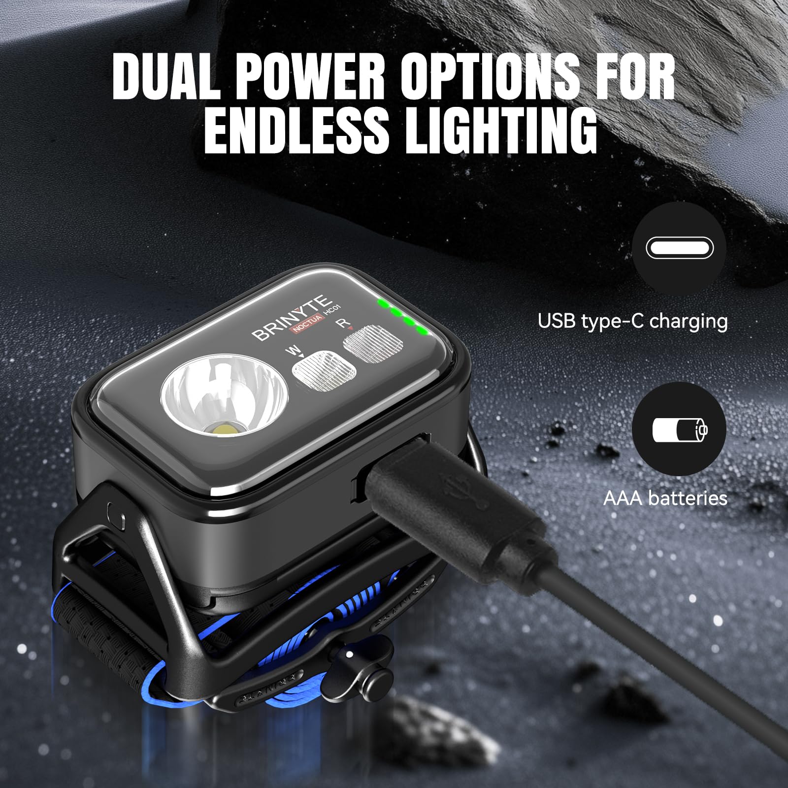 Brinyte HC01 battery indicator and USB-C port showing easy recharge and power level awareness
