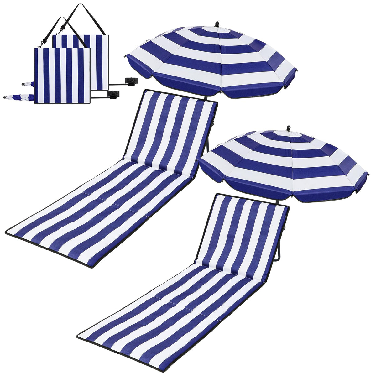 Briwooody front view of blue stripe chairs and umbrellas showing paired comfort