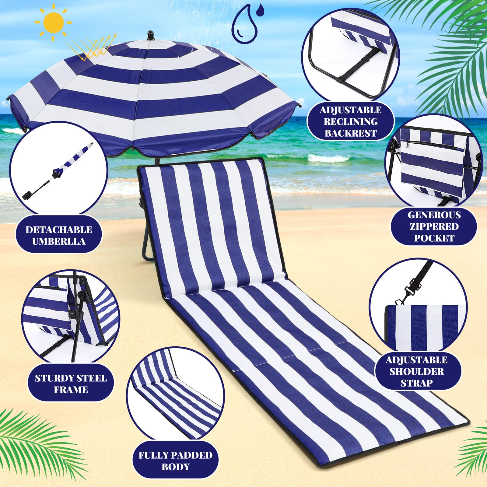 Briwooody umbrella attachment and coverage showing shade benefit for one lounger