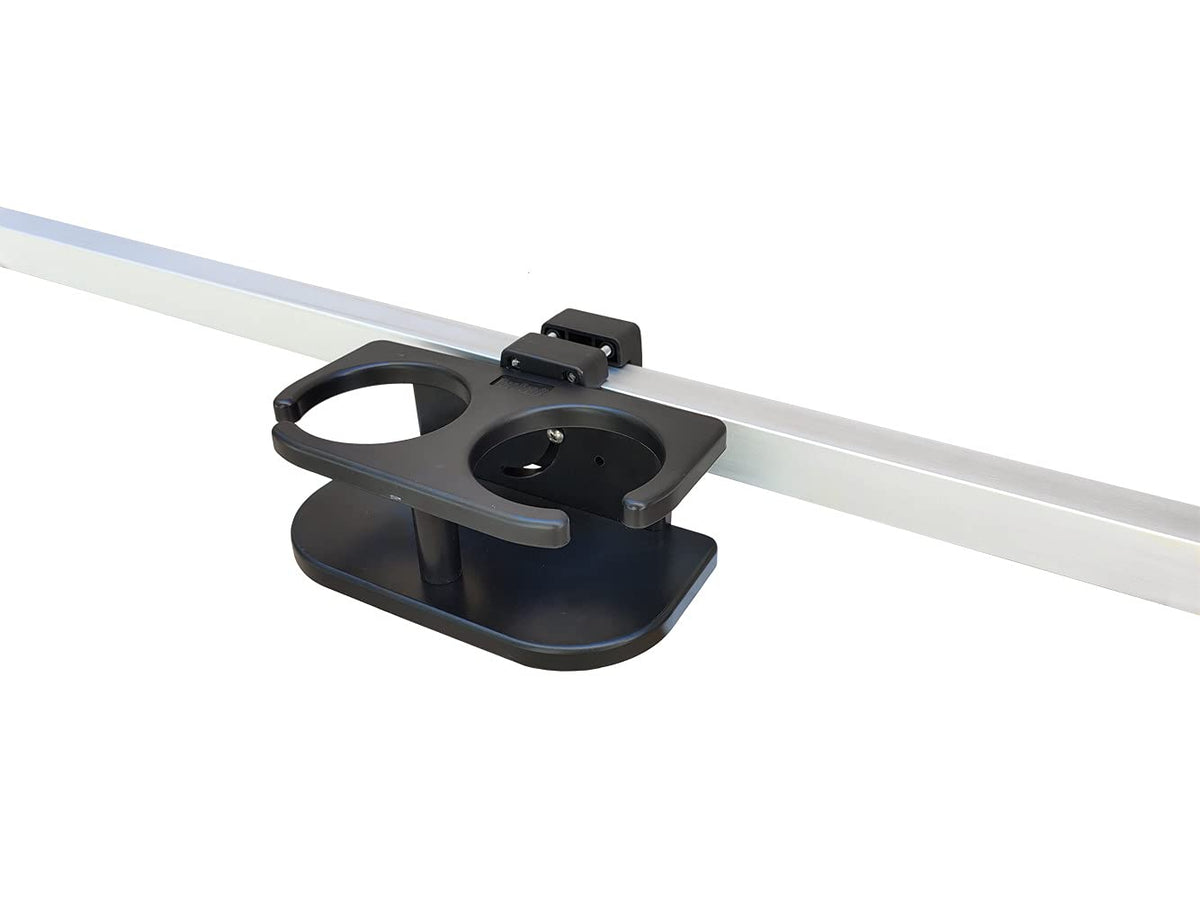 Brocraft black dual cup holder front view showing capacity for two insulated tumblers and secure hold