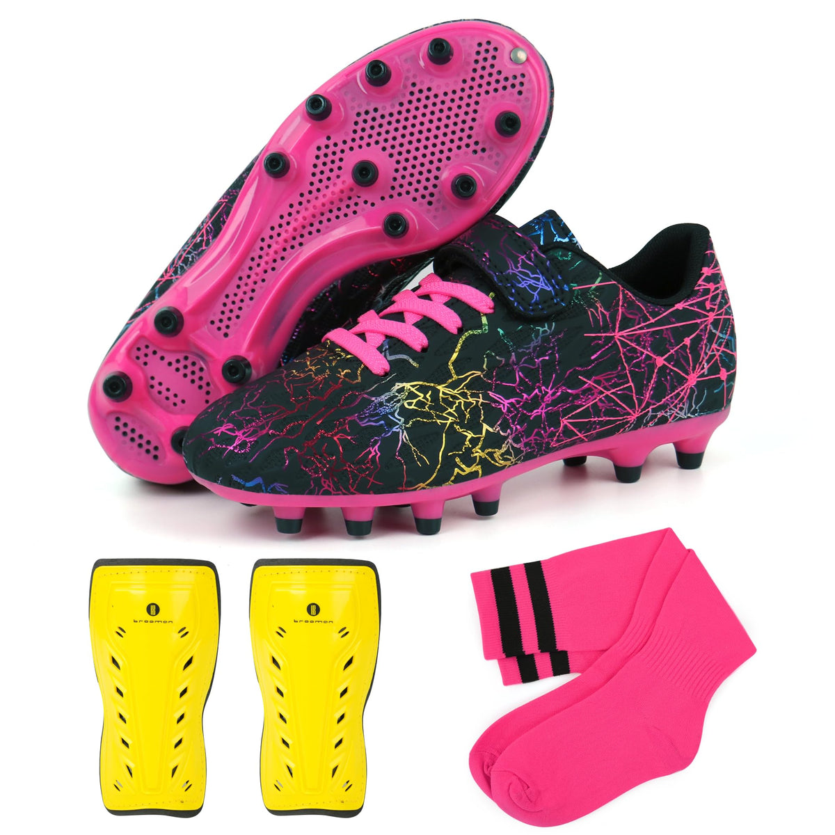 brooman front view of cleats showing quick on/off strap and bold color