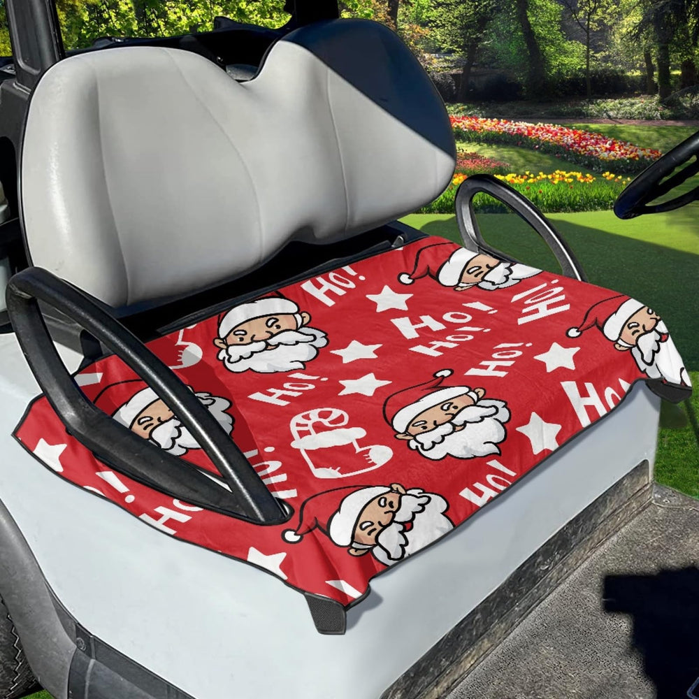 Brosoneto front view of Santa golf cart seat cover showing festive design and protection