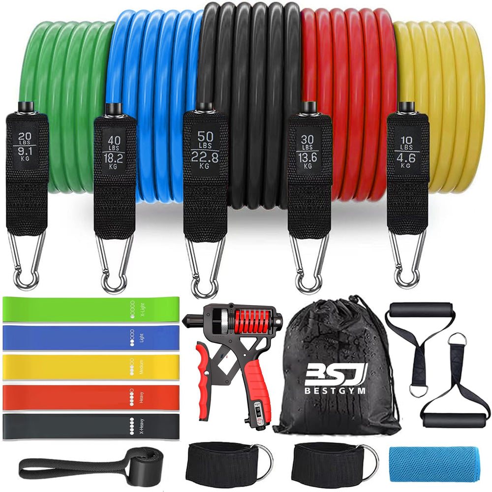 BSJ BESTGYM front packaging showing complete resistance band kit and contents