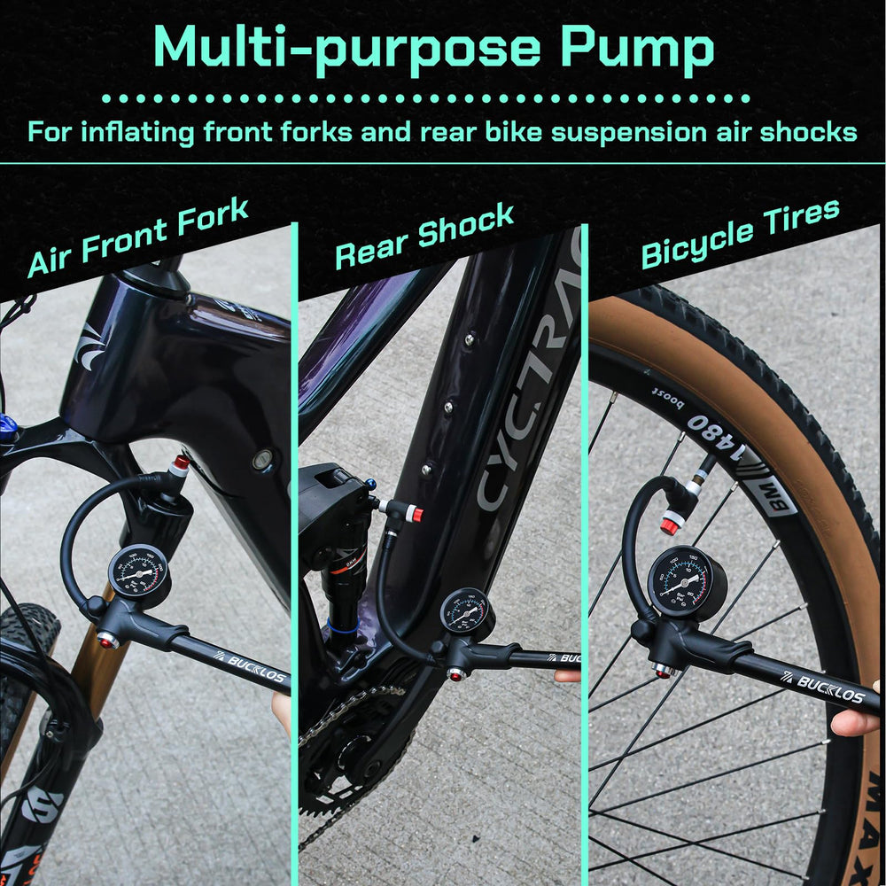BUCKLOS shock pump packed inside a backpack showing its lightweight, travel-friendly convenience