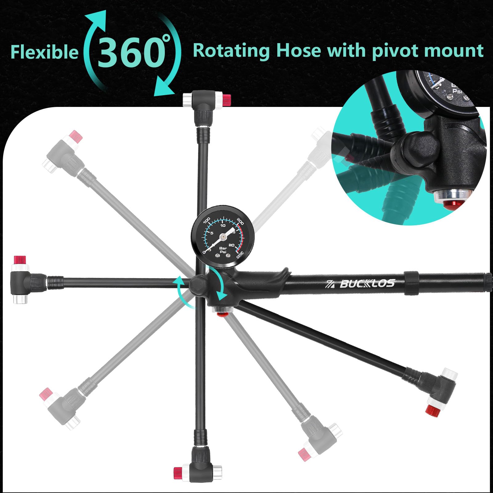 BUCKLOS pump attached to a mountain bike fork in use for quick on-trail suspension adjustments