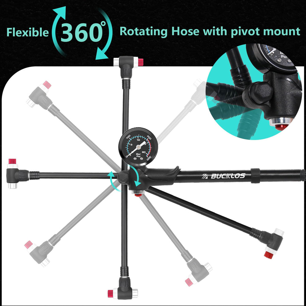 BUCKLOS pump attached to a mountain bike fork in use for quick on-trail suspension adjustments