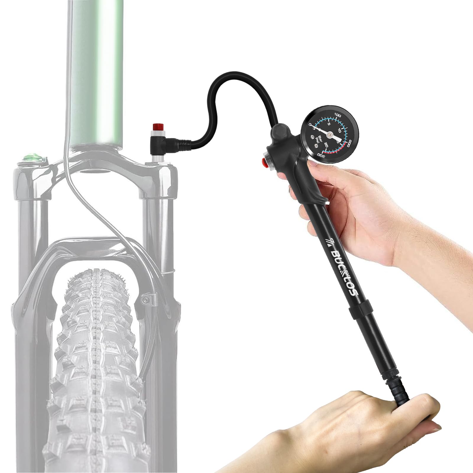 BUCKLOS shock pump front view showing compact aluminum body and rugged finish for portability