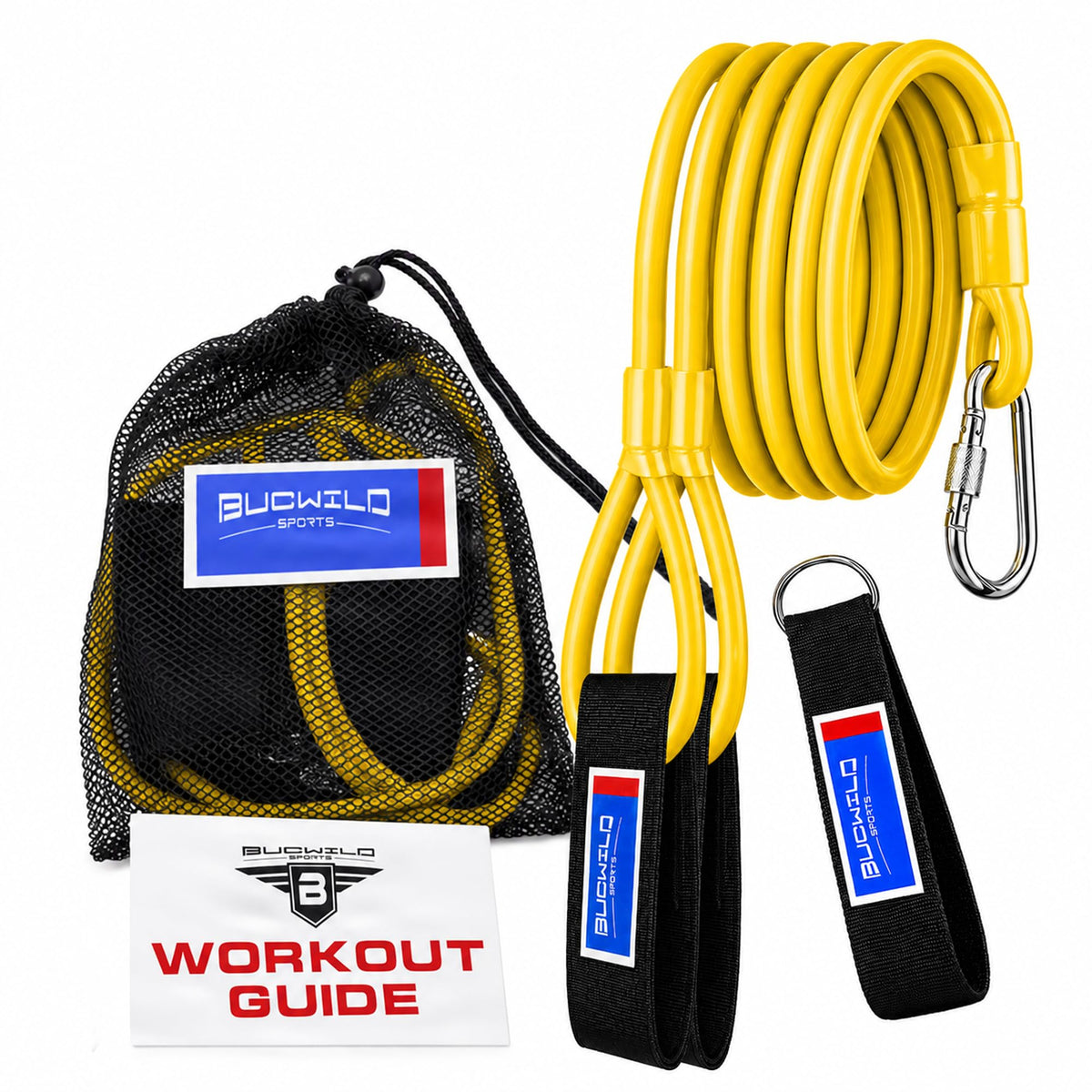 Bucwild Sports front view showing bands and accessories, convenient travel benefit