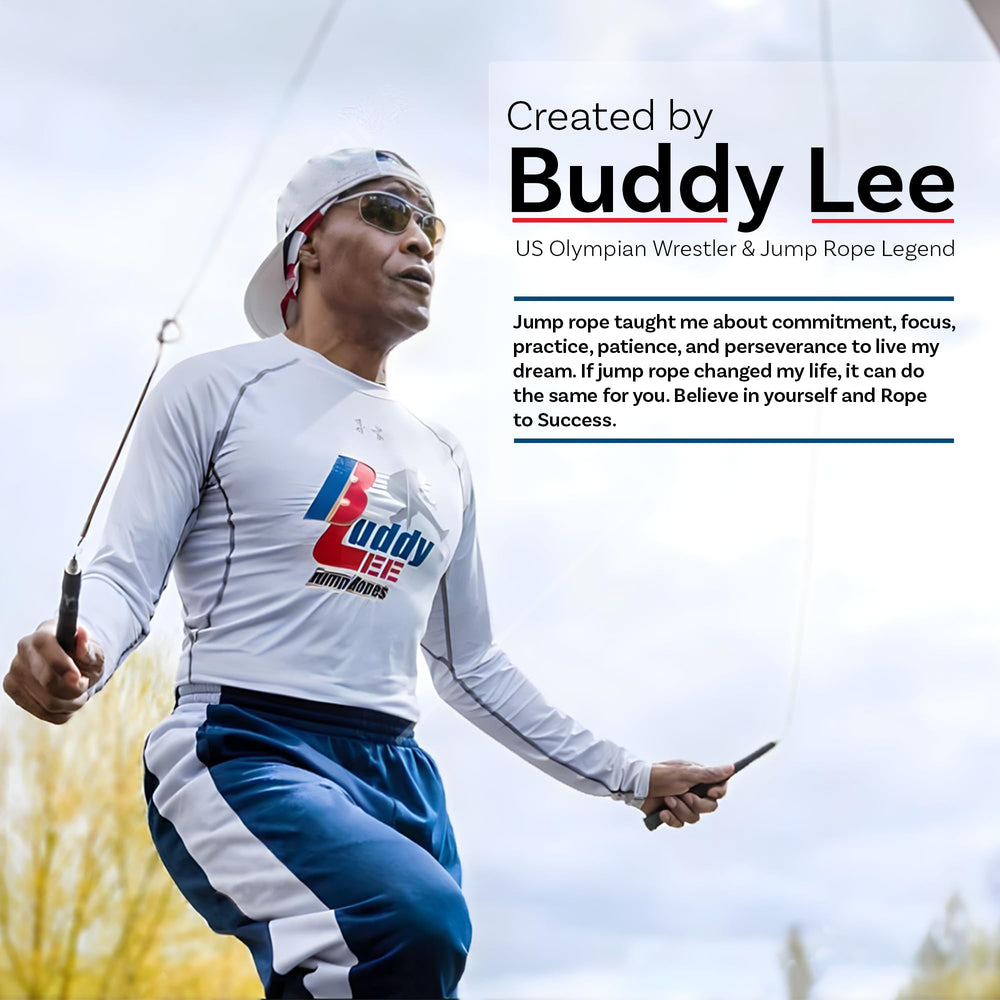 Buddy Lee jump rope in use performing double-unders to improve speed and timing