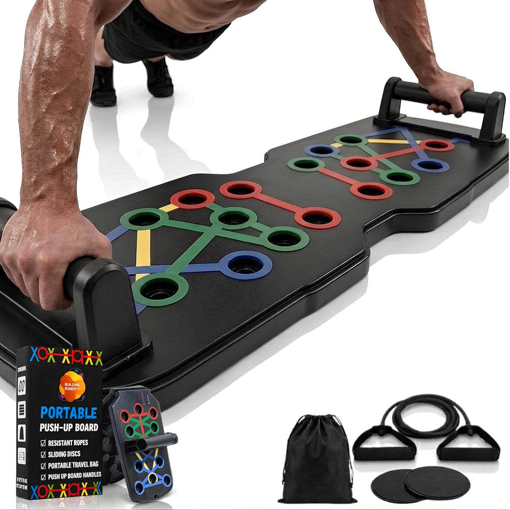 BUILDING BONDS ENT. front view of push up board showing color-coded positions for guided workouts