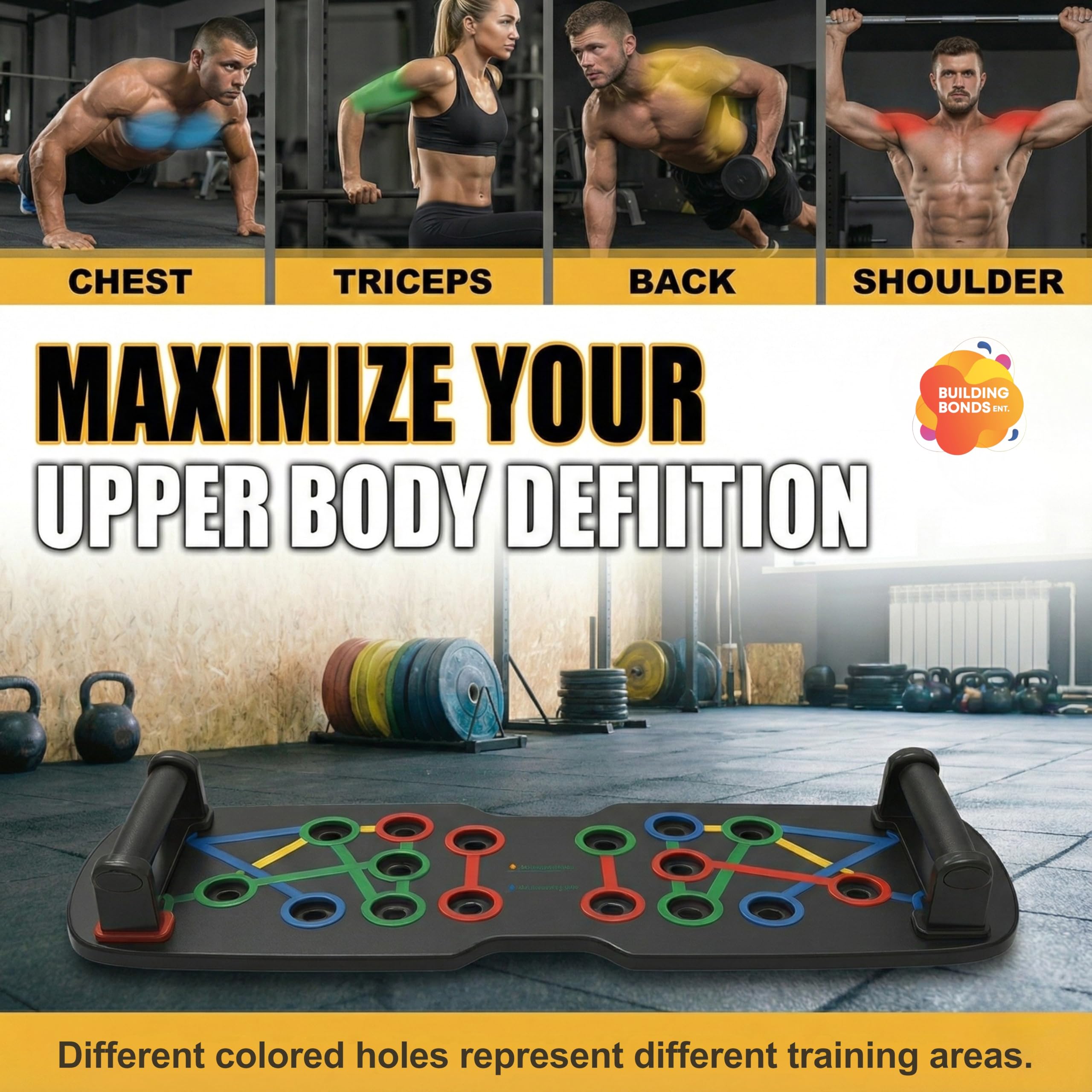 BUILDING BONDS ENT. resistance bands and sliding discs arranged to show included full-gym accessories