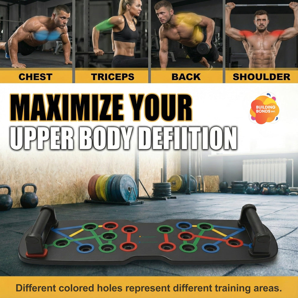 BUILDING BONDS ENT. resistance bands and sliding discs arranged to show included full-gym accessories