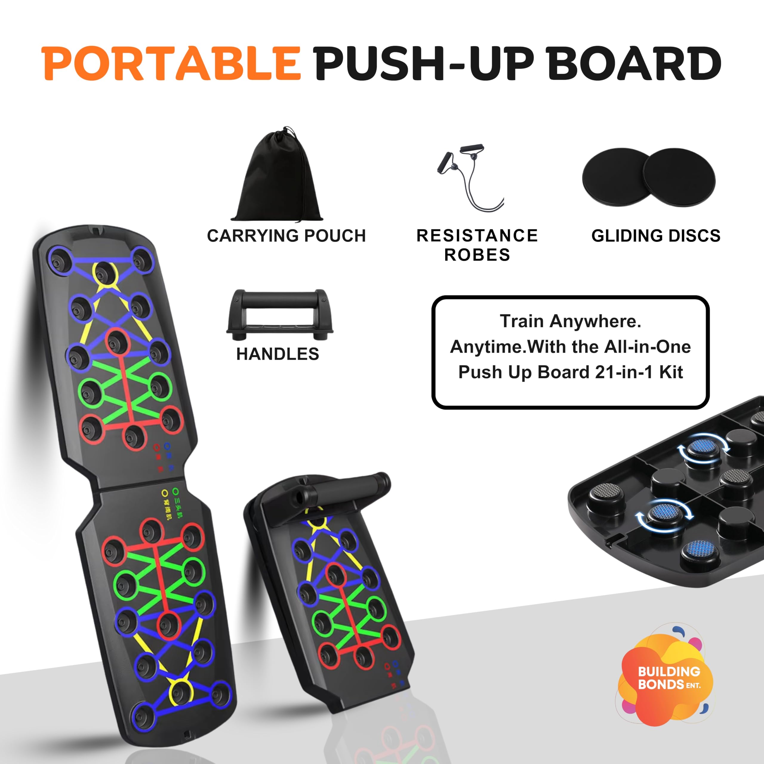 BUILDING BONDS ENT. push up board next to water bottle to illustrate compact size and portability