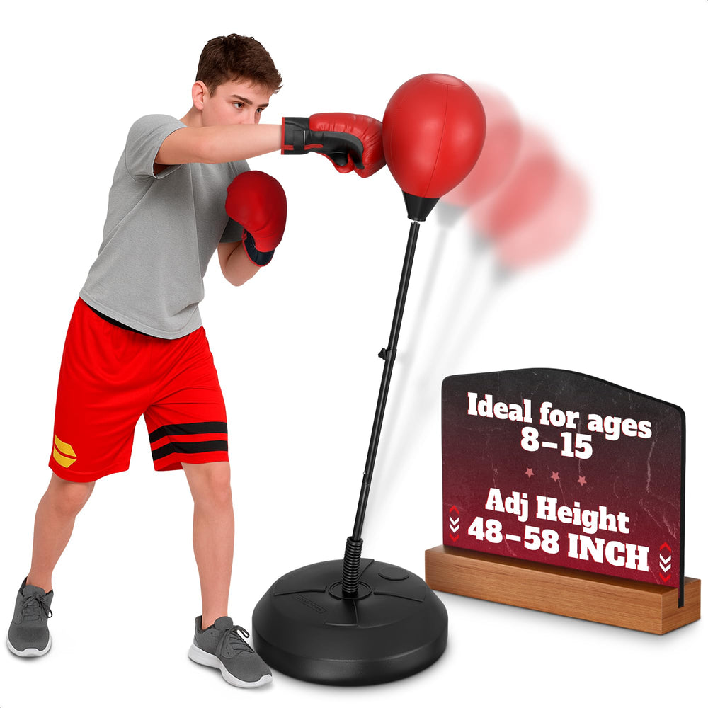 BURIUS front view of youth punching bag with stand showing compact setup and benefits