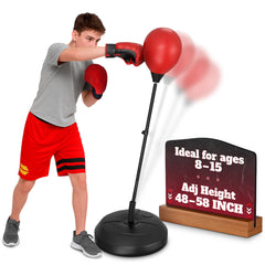 BURIUS front view of youth punching bag with stand showing compact setup and benefits