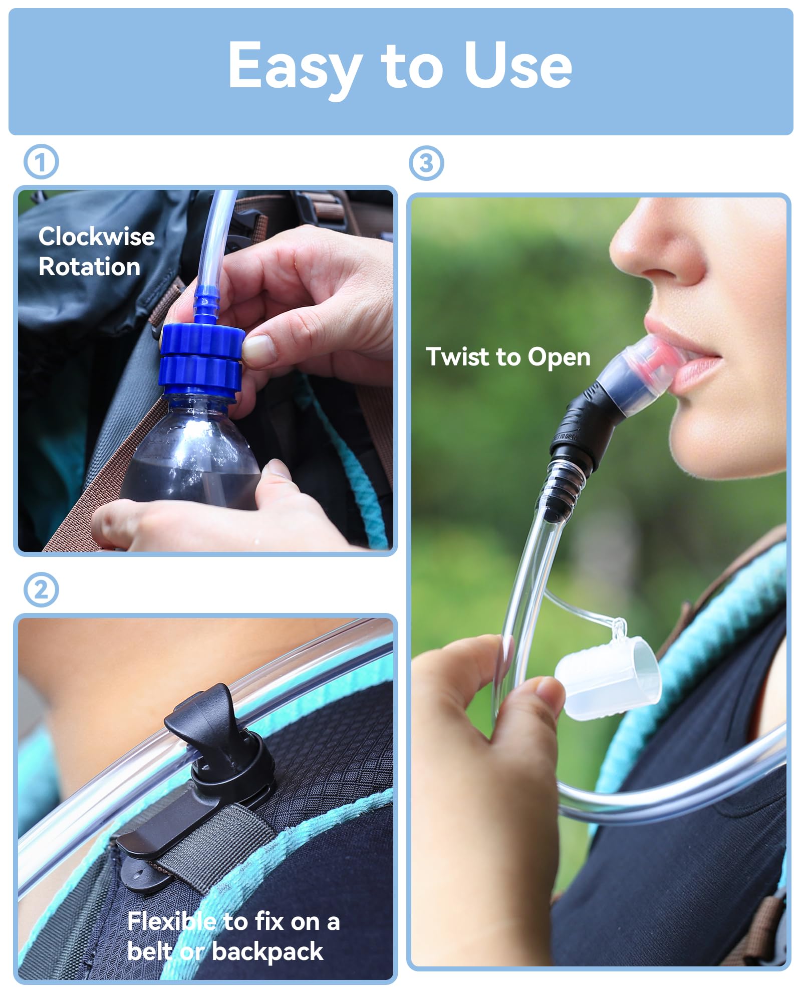 Burtrail in a hiker’s pack while hiking showing convenient on‑trail hydration benefit