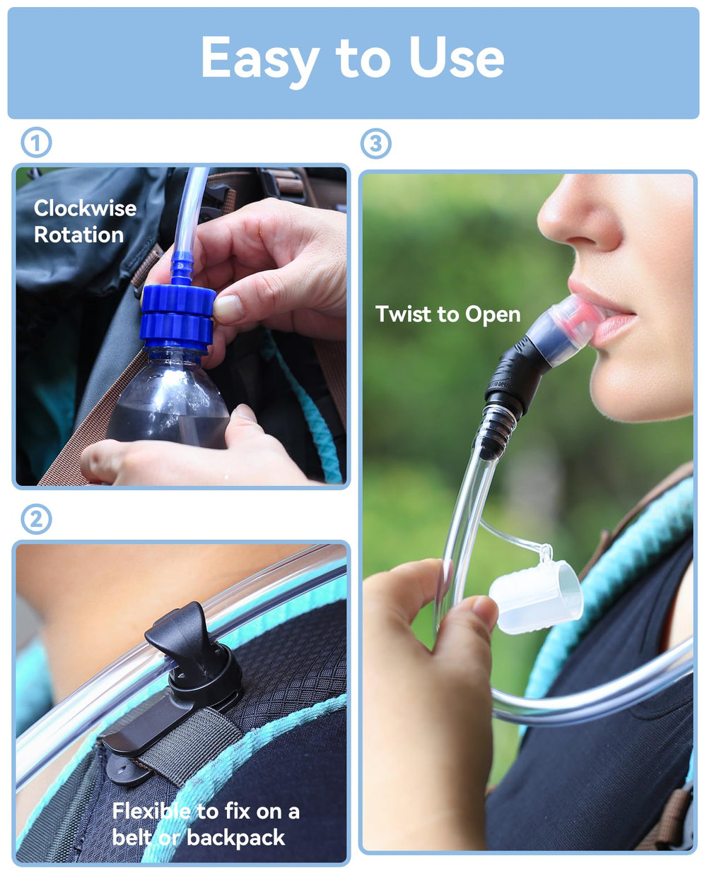 Burtrail in a hiker’s pack while hiking showing convenient on‑trail hydration benefit