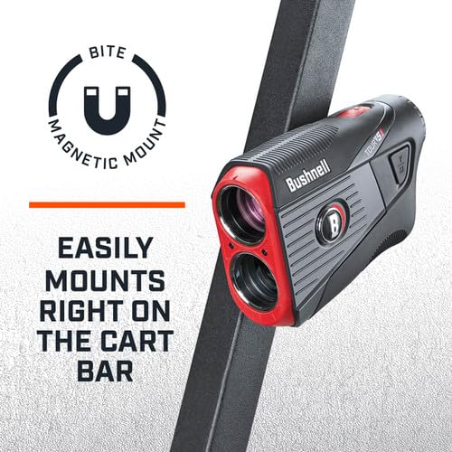 Bushnell Tour V5 Shift attached to golf bag pocket for quick-access convenience