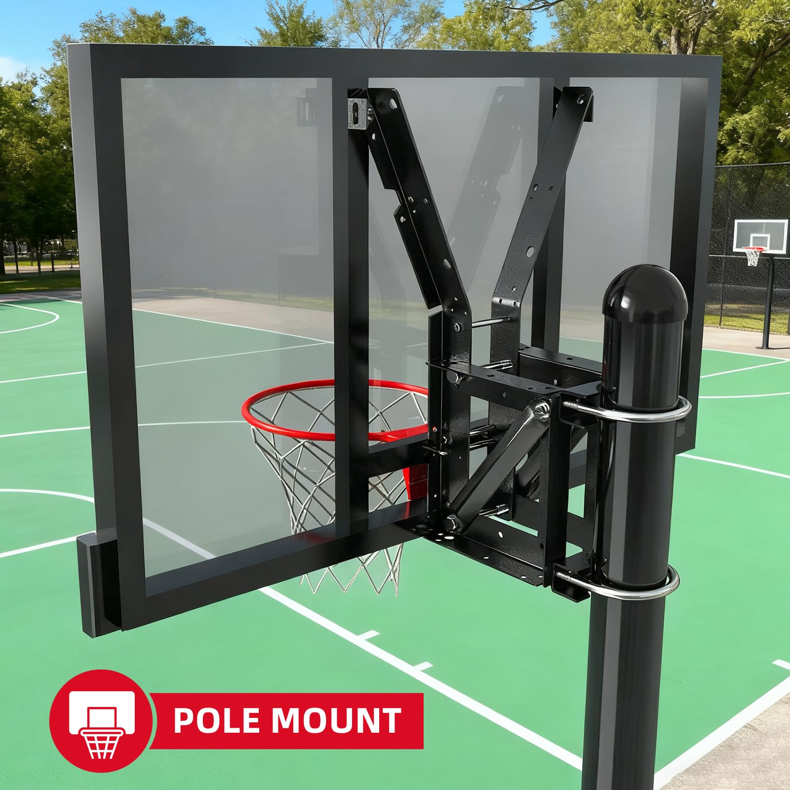 Buzzlett 9594 pole mount setup on backyard court enabling proper height