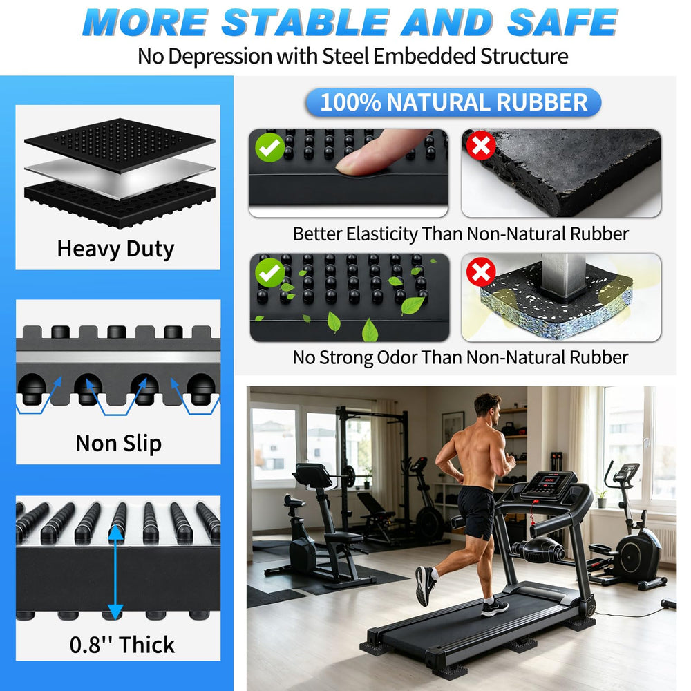 BXI pads placed under treadmill feet in use reducing noise and movement benefit