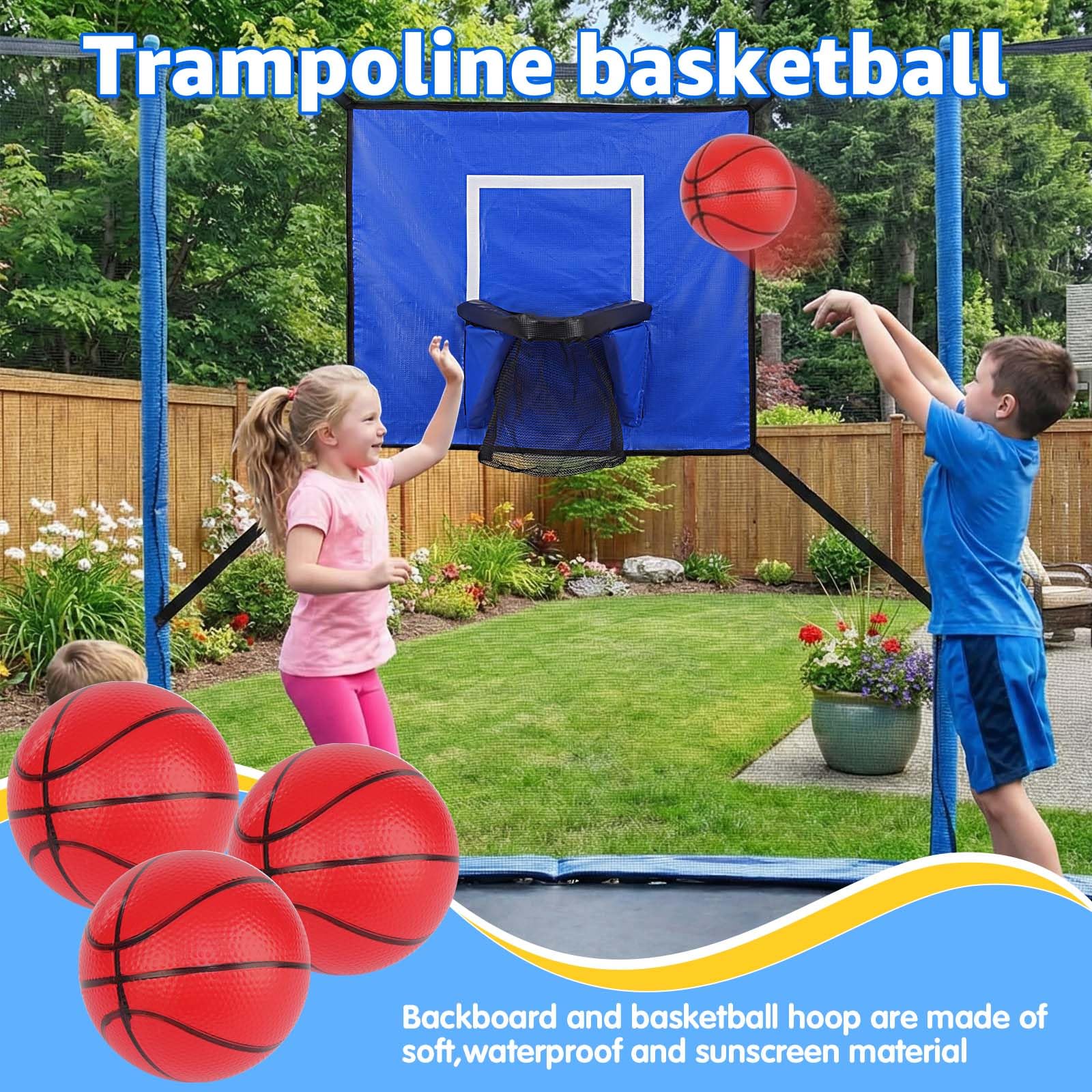 BYIUA soft basketball hoop mounted on trampoline frame showing child-safe construction