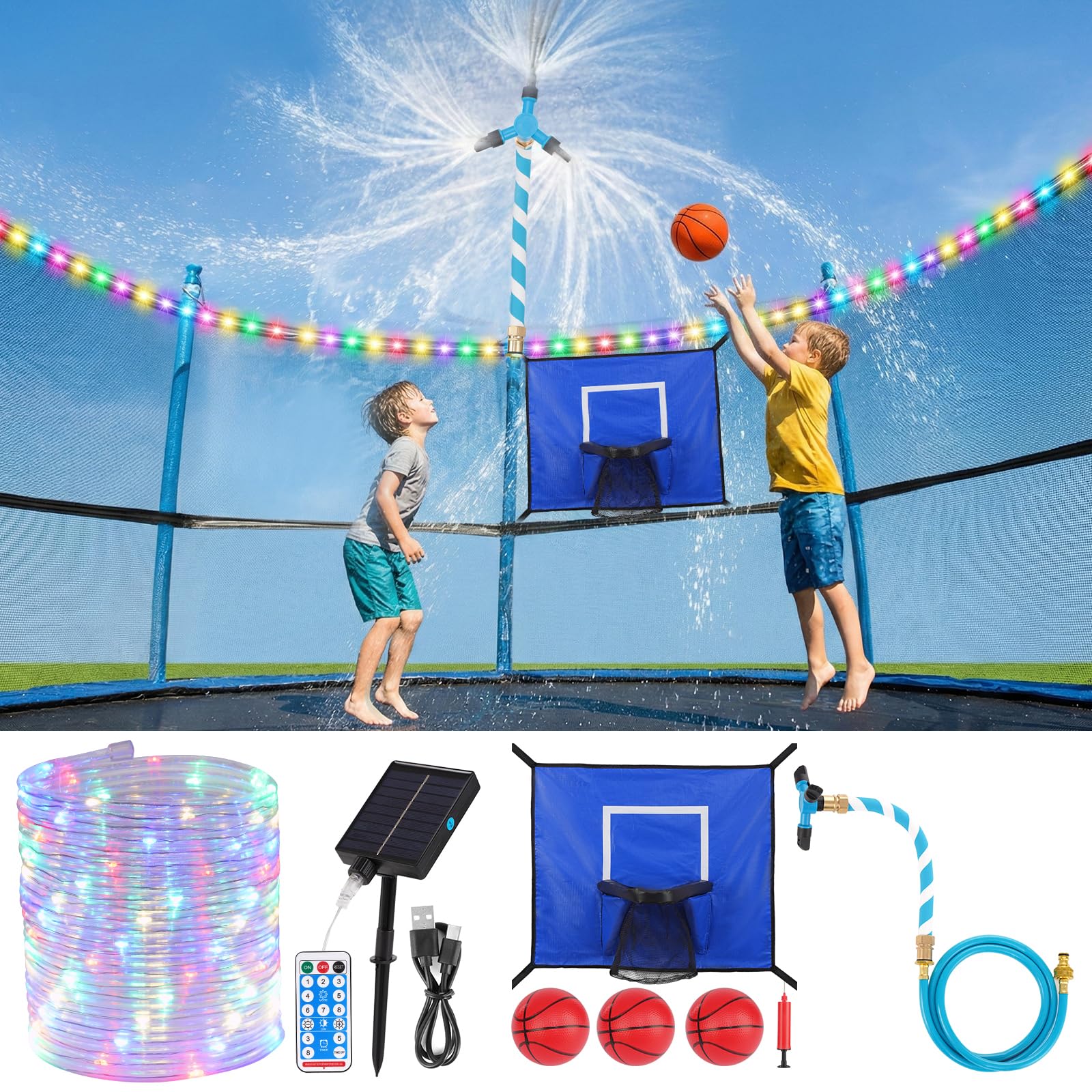 BYIUA assembled kit on trampoline showing all three accessories and added play value