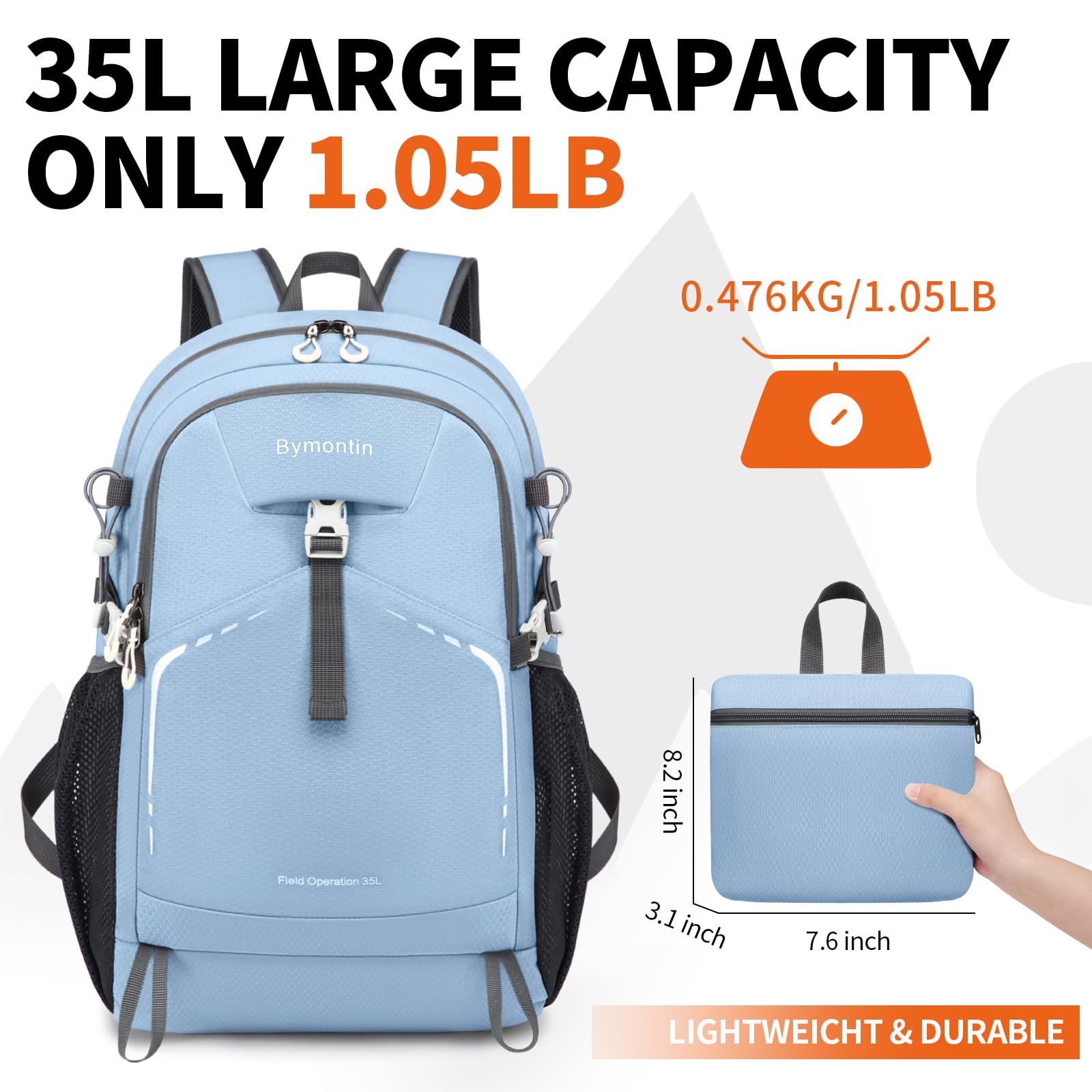 Bymontin daypack back and thin shoulder straps detail for lightweight comfort benefit