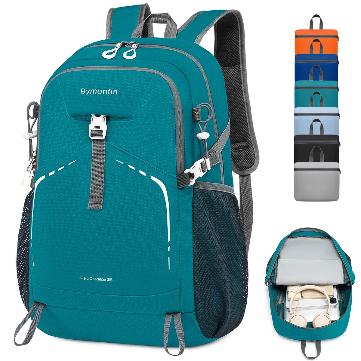Bymontin front view showing packable 35L capacity and organized storage