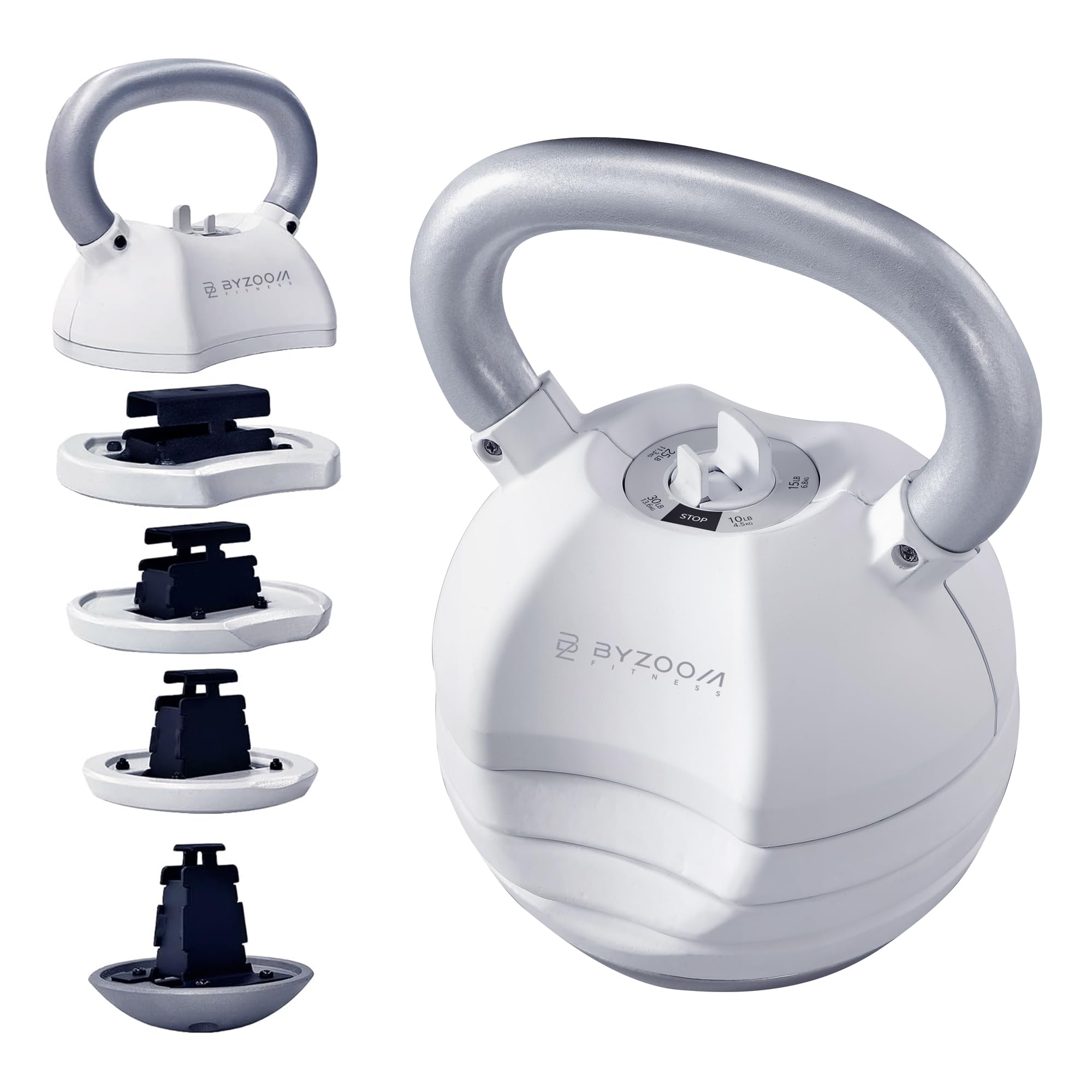 ByZoom Fitness adjustable kettlebell front view shows compact 5-in-1 design and saves space