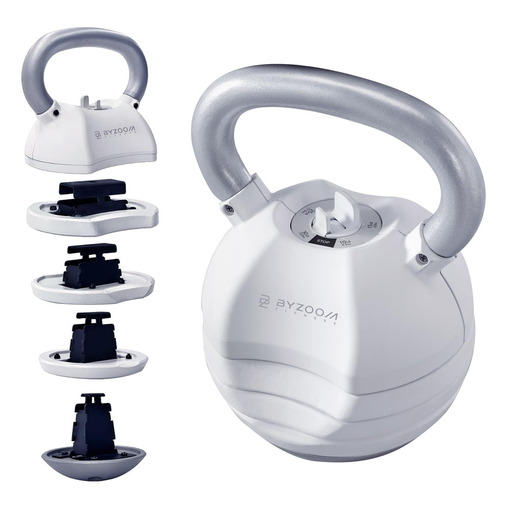 ByZoom Fitness adjustable kettlebell front view shows compact 5-in-1 design and saves space