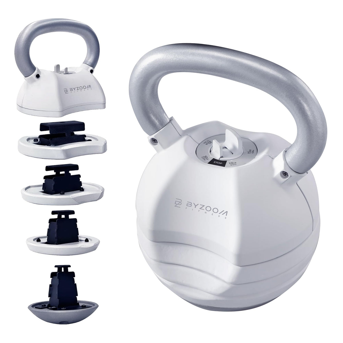 ByZoom Fitness adjustable kettlebell front view shows compact 5-in-1 design and saves space