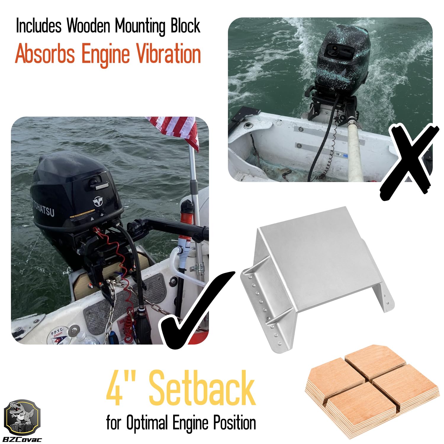 Bzcovac jack plate mounted on a transom with outboard demonstrating improved clearance