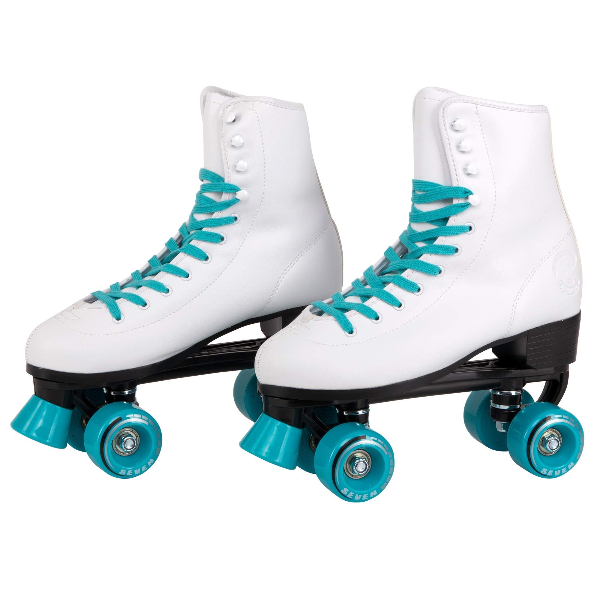 C SEVEN front view of teal skates showing retro style and stable stance