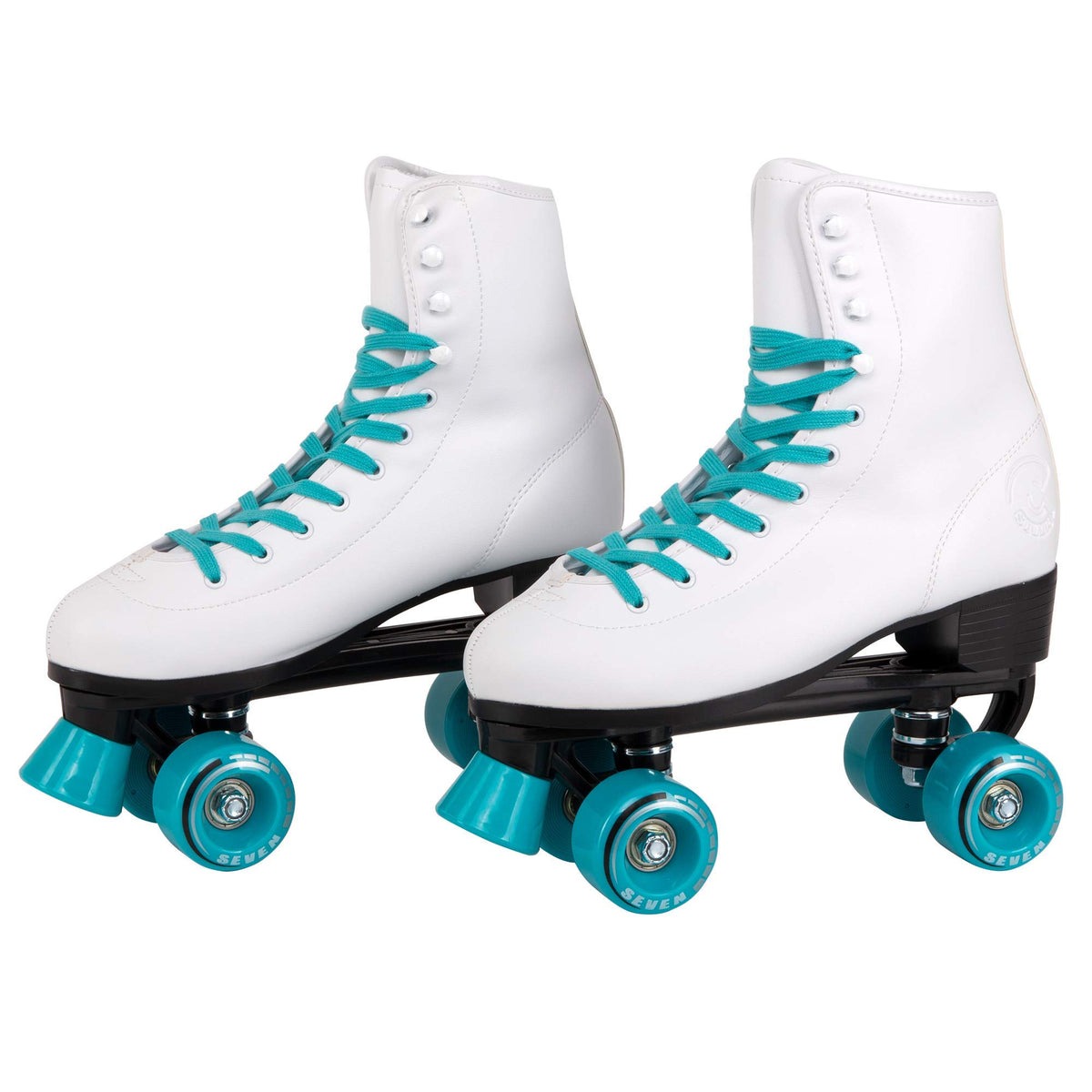 C SEVEN front view of teal skates showing retro style and stable stance