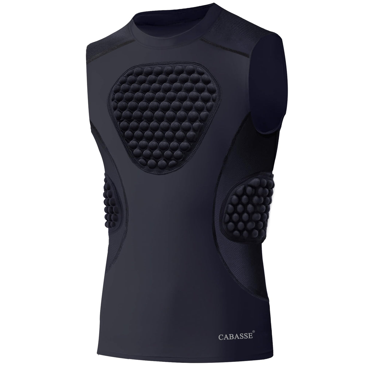 Cabasse front view of black protective shirt showing chest padding and compression fit for safety
