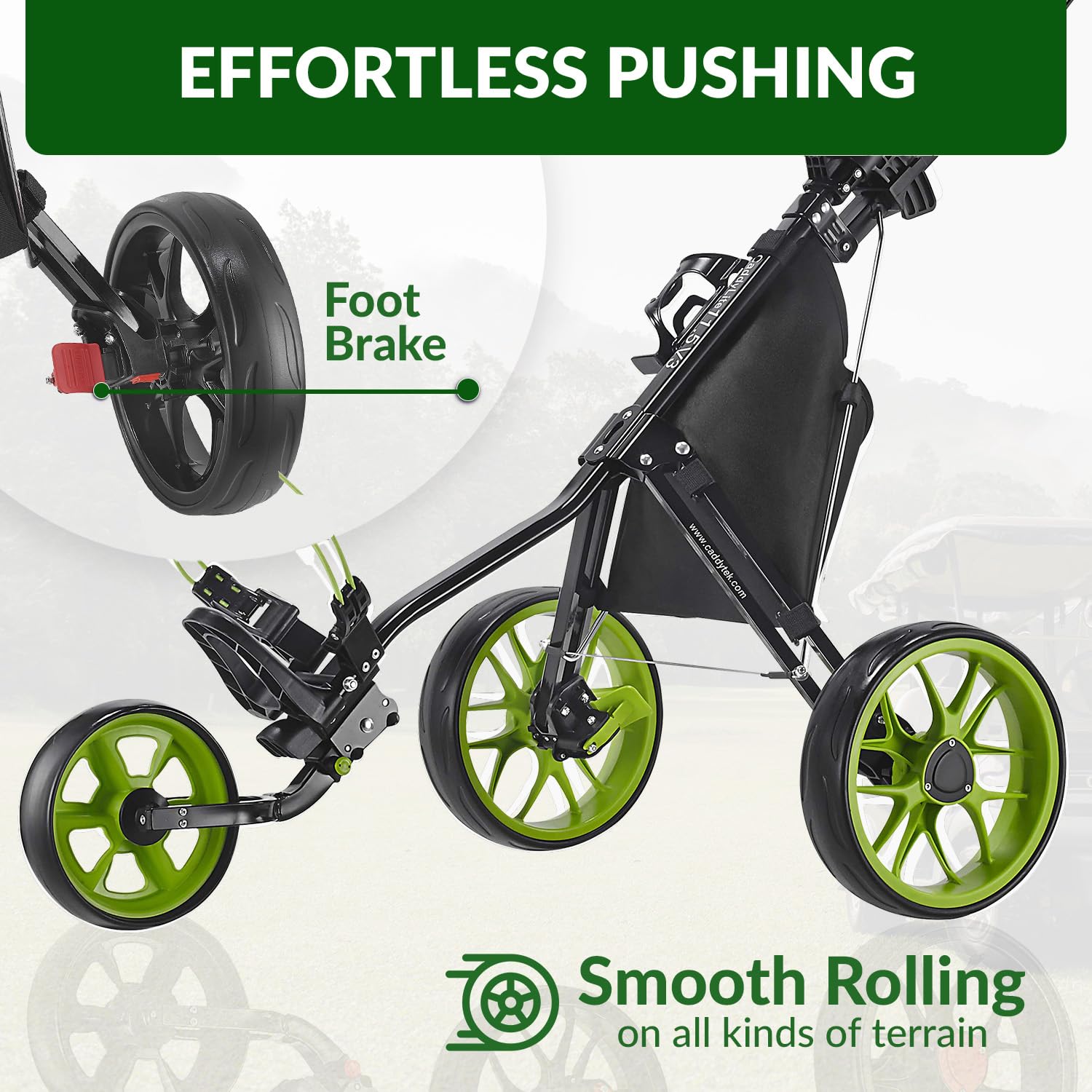 Caddytek adjustable TPR handle and foot brake offering ergonomic control