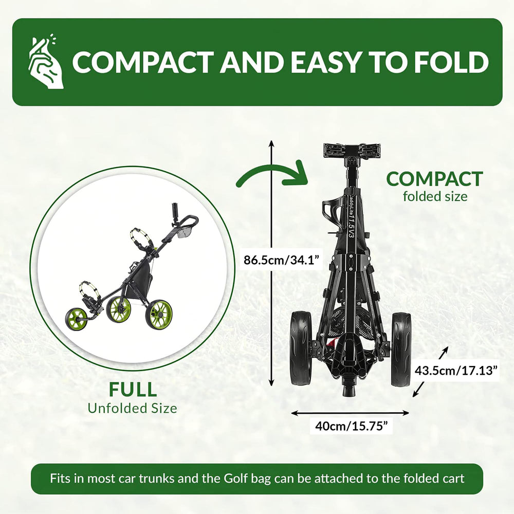 Caddytek folded beside car trunk showing compact size for easy transport