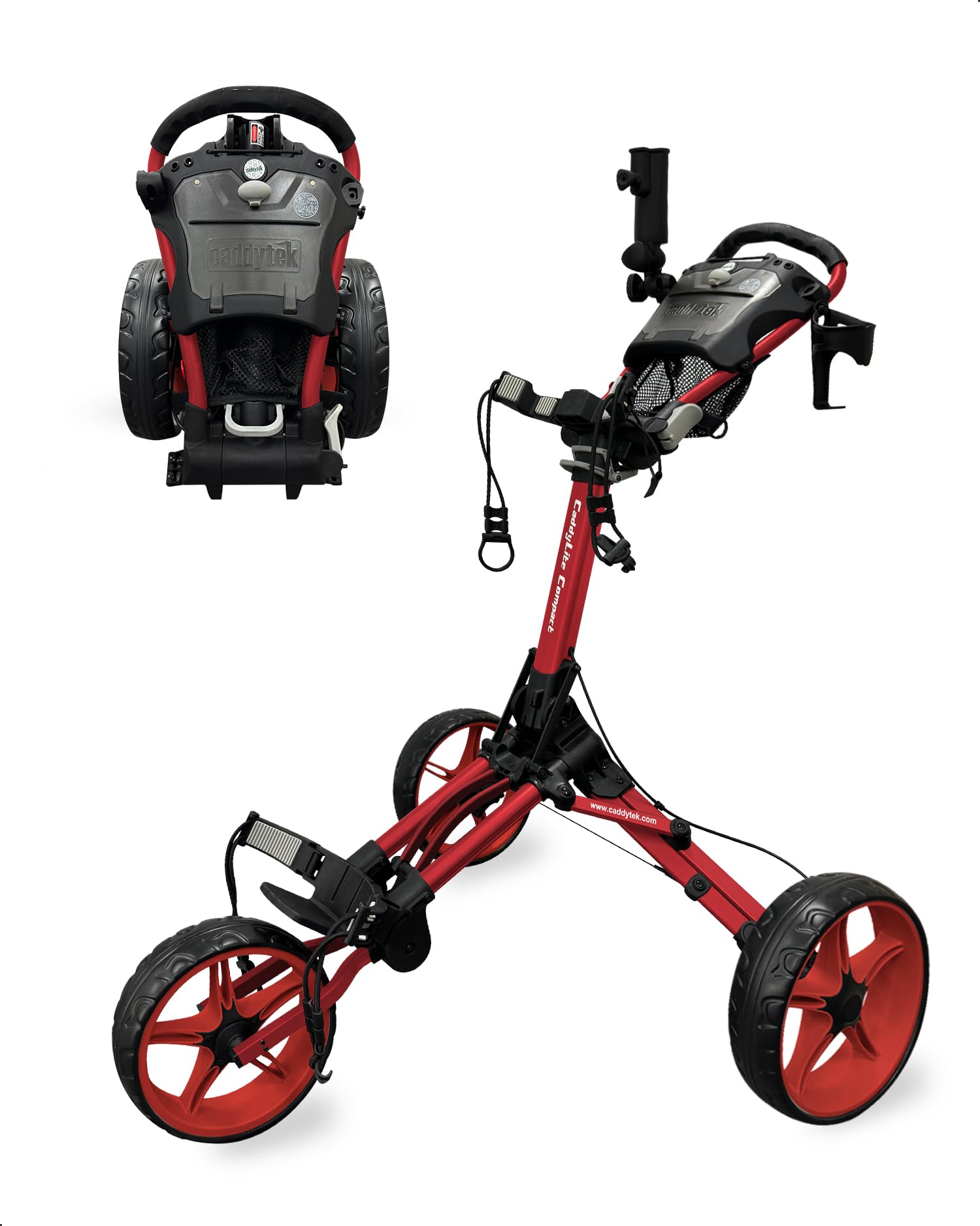 Caddytek front view of compact push cart showing compact footprint and stability