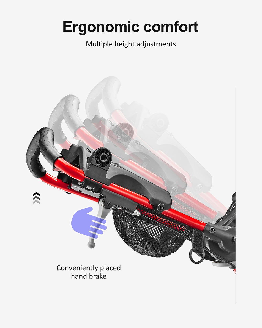 Caddytek handle and brake detail showing ergonomic grip and secure stopping