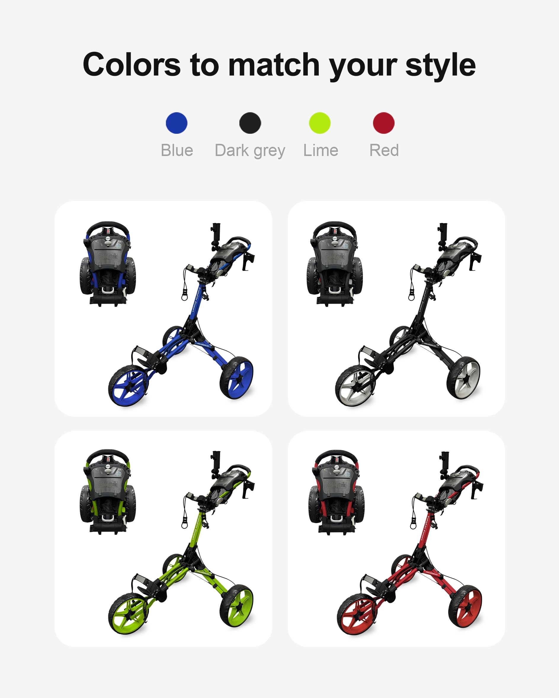 Caddytek lifestyle view of golfer pushing cart for comfortable walking rounds