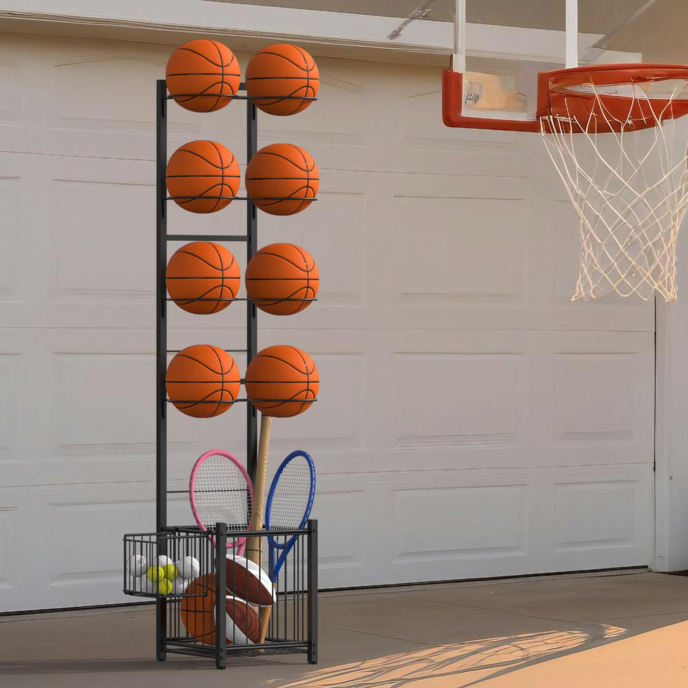 CADUKE rack showing narrow base saving floor space for garages and home gyms